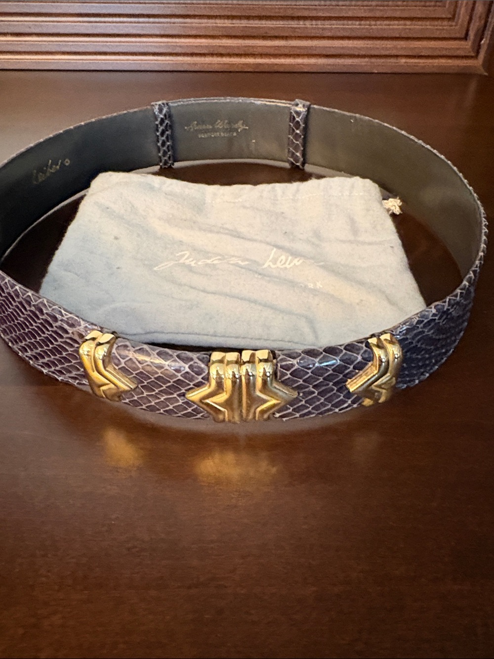 Judith Leiber blue Snakeskin Belt with Gold Accents